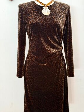 Y2K David Warren New York Velvet Leopard Faux-Wrap Dress w/ Tortoise Buckle